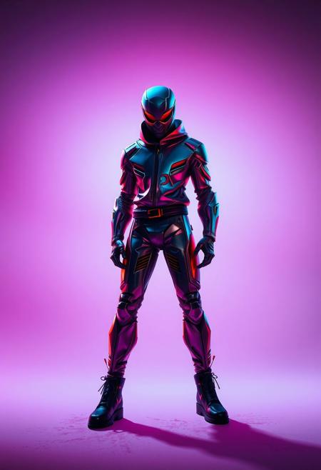 robert t techno style , Background: Clean, soft neon gradient with faint shadows and smudges, creating a stark contrast that emphasizes the character’s metallic textures and vibrant silhouette.