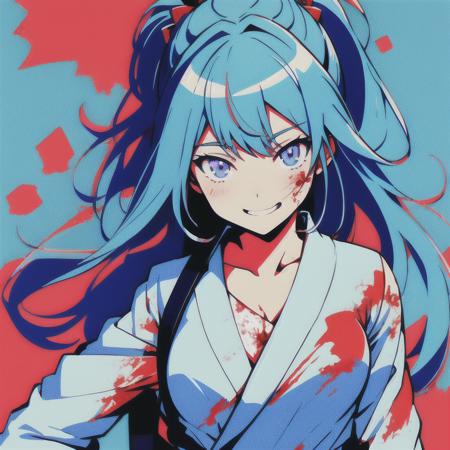 Niji style,solo,day,anime coloring,cell shading,masterpiece, best quality, 1girl,solo,blood on face,blood on clothes,yandere,crazy smile,upper body