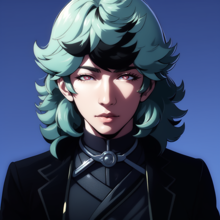 1boy, green hair, curly hair, black belt, black pants, jacket, multicolored eyes, side cape, black cape 1boy, green hair, parted bangs, forehead, multicolored eyes, ponytail, black jacket, white shirt, collared shirt