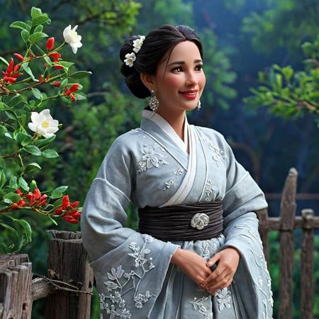 novuschroma51 style, claymation, score_10 , score_9, score_8_up, score_8, Masterpiece, High Details, HD, 8K, Photorealistic, perfect, High Quality, a woman, asian, black hair, brown eyes, chinese clothes, clay texture, clothes, medium body shot, smiling, dress  made of cd's, earrings, flowers patterns, highly detailed, photorealistic, fence, print, flower, hair bun, cd hair ornament, hair stick, hand up, jewelry, leaf, light skin, light smile, lipstick, long hair, long sleeves, looking at viewer, makeup, moon, night, outdoors, parted bangs, plant, railing, red lips, single hair bun, sky, sleeves past wrists, slim, solo, standing, updo, upper body, black and silver hanfu, white flower, wide sleeves,