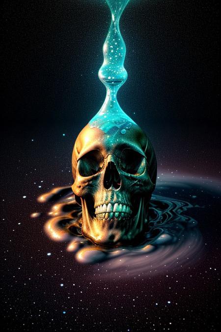 A close-up photorealistic image of a crystallic floating skull facing the viewer with its mouth open, pouring from it's mouth a shimmering liquid resembling the universe onto the ground, filled with rich stars and swirling galaxies. A simple void background enhances the dark atmosphere, shrouded in fog, capturing the hypnotic flow and shimmer of the cosmic liquid,from above view,