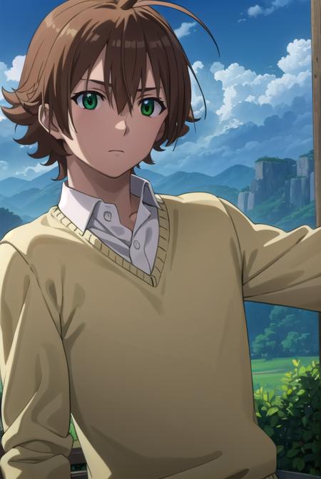 agktatsumi, <lora:agk tatsumi s1-lora-nochekaiser:1>,
tatsumi. brown hair, (green eyes:1.3), male focus, short hair, hair between eyes, ahoge,
BREAK  shirt, white shirt, collared shirt, yellow sweater, long sleeves, pants, black pants, boots, brown boots,
BREAK outdoors, nature, forest, trees, grass, sky, clouds,
BREAK looking at viewer, (cowboy shot:1.5),
BREAK <lyco:GoodHands-beta2:1>, (masterpiece:1.2), best quality, high resolution, unity 8k wallpaper, (illustration:0.8), (beautiful detailed eyes:1.6), extremely detailed face, perfect lighting, extremely detailed CG, (perfect hands, perfect anatomy),