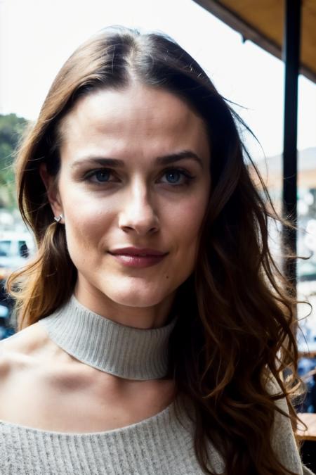 evn piercing eyes, looking straight, very happy,long hair, wearing an off-shoulder sweater, choker, closeup portrait, in a outdoor cafe in 2015, afternoon light, <lyco:EvanWood-RealVision-V1.0:1.0>