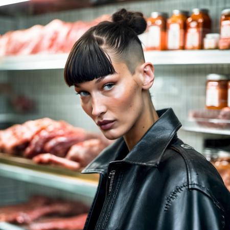 bellahadid <lora:bellahadid_lora_xl:1> a beautiful woman, 26 years old, with a crew cut hairstyle with black fade hair and bangs!!!!!!, in a paris butcher shop, surrounded by hang meat, (high detailed skin:1), 8k uhd, dslr, soft lighting, high quality, film grain, Fujifilm XT3