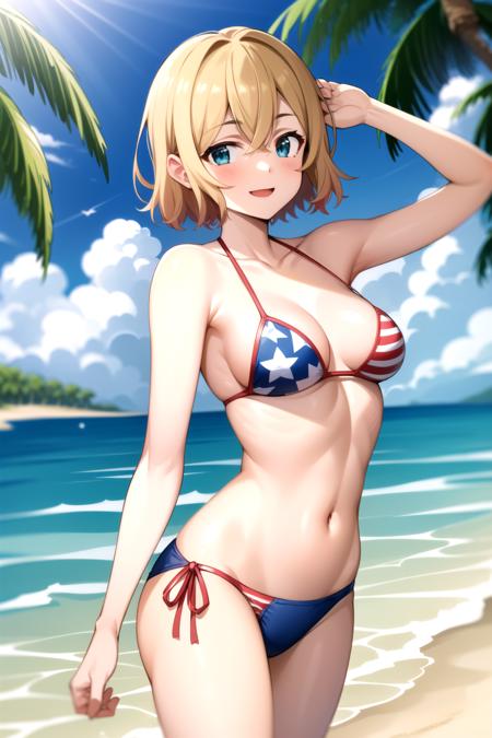 2d, masterpiece, best quality, anime, highly detailed, 1girl, solo, cowboy shot, mami, american flag bikini, [small breasts], beach, island, palm tree, waves, towel, smile<lyco:rentagf:1>