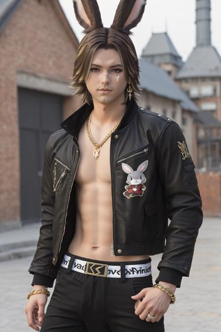 Khitli Viera,  1boy,  male focus,  solo,  looking at viewer,  short hair,  brown hair,  navel,  animal ears,  jewelry,  jacket,  earrings,  open clothes,  midriff,  pants,  necklace,  rabbit ears,  bracelet,  open jacket,  lips,  black jacket,  crop top,  facial mark,  black pants,  hand on shoulder,  building,  cropped jacket,  leather jacket,  viera, <lora:EMS-44604-EMS:0.500000>