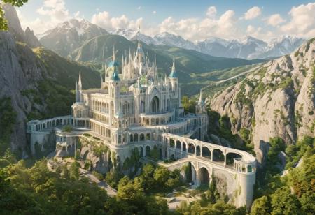 Create a top-quality, ultra-detailed masterpiece with a score of 1.2, an elven palace atop a mountain, surrounded by arches and waterfalls. The palace will be built of white marble, and its beauty will be worthy of elven legends. high level of detail, with an 18k finish."
