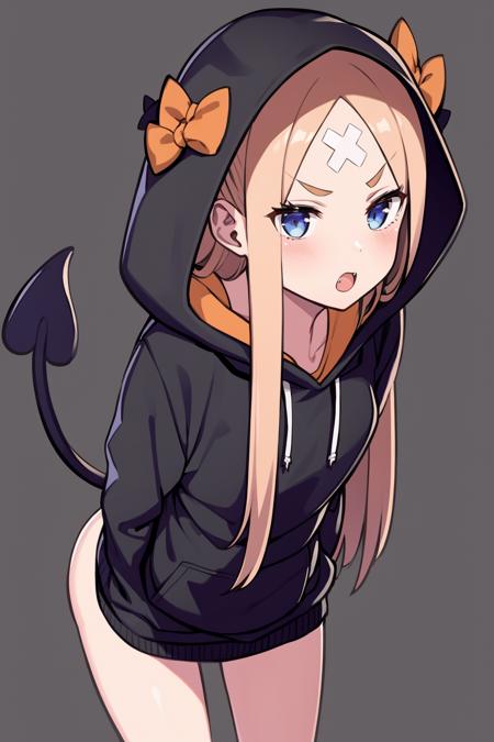 masterpiece, best quality,  <lora:AbigailWilliams:1>,1girl, horns, long hair, blue eyes, abigail williams (fate), blonde hair, solo, tail, orange bow, hood, wings, crossed bandaids, bow, demon tail, open mouth, claw pose, looking at viewer, demon wings, fang, bangs, hood up, parted bangs, blush, long sleeves, simple background, grey background, halloween, demon horns, very long hair, black jacket, bandaid, jacket, hoodie, v-shaped eyebrows, bandaid on face, halloween costume, black hoodie, forehead, fake horns, small breasts, jack-o'-lantern, hooded jacket, thighs, leaning forward, alternate costume, breasts, sleeves past wrists, black wings, bat wings, hair bow