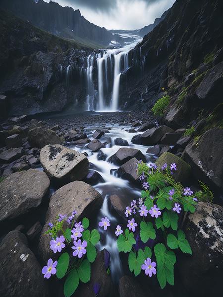 <lora:VerticalLandscapes:1>a waterfall with purple flowers in the foreground