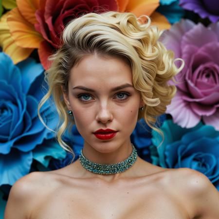 close up analogue photo of a beautiful 25 years old blond woman, clear focus, high resolution image, RAW full body analogue photo of a beautiful 25 years old woman, clear focus, high resolution image,  ,A photo-realistic portrait shoot from a portrait camera angle about a woman with vibrant, colorful hair adorned with flowers, wearing a colorful, abstract background. the image also shows a woman in the middle of the image, who appears to be a young adult with fair skin, blue eyes, and a serene expression. she is facing the viewer with her eyes looking directly at the viewer. her hair is styled in a short, curly manner and is adorned with a colorful flower in her hair. she has a slim body and is wearing a strapless, multicolored dress with a plunging neckline that showcases her cleavage. the dress is made of a shiny, metallic fabric that accentuates her curves, and she has red lipstick on her lips. on her neck, she wears a black, red, and blue choker with a large, elongated design. the background is dark with colorful abstract patterns that create a dreamy, ethereal atmosphere. the lighting is dramatic, with a focus on the woman's face and hair, making her stand out in the image.,,high quality, film grain, Fujifilm XT3, 8k uhd, dslr, film grain, kodak tri-x 400 film, grain photo DOF, faint lighting, dynamic angle, cinematic, Depth of field, bokeh, best quality, cinematic, light particles, highly_detailed, very_aesthetic, golden hour, beautiful_and_aesthetic ,Sexy pose, erotic pose, exhibitionism, ,The Mount Everest in Nepal with its towering peak and challenging climbs