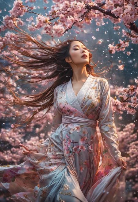 Beautiful women with long hair, 
look into the camera, 
in the cherry blossom rain, 
art by Ryohei Hase, 
dress is flying in the wind, 
full body, 
intricate details, 
liquid structure, 
clear lines, 
stunning, 
something that even doesn't exist, 
mythical being, 
energy, 
molecular, 
textures, 
iridescent and luminescent scales, 
breathtaking beauty, 
pure perfection, 
divine presence, 
unforgettable, 
impressive, 
breathtaking beauty, 
Volumetric light, 
auras, 
rays, 
Miki Asai Macro photography, 
close-up, 
hyper detailed, 
trending on artstation, 
sharp focus, 
studio photo, 
intricate details, 
highly detailed, 
by greg rutkowski