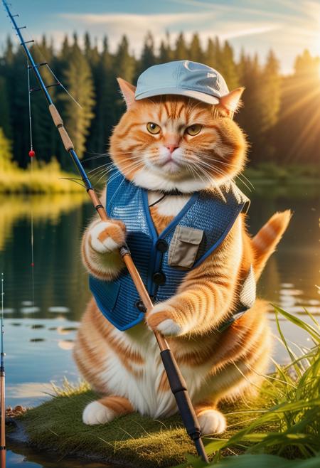 anthropomorphic Fat chubby ginger cat wearing a vest and cap, sitting on a grassy lake shore, holding a fishing rod with paw, serene blue water reflecting the sunlight, gentle ripples in the lake, peaceful forest background, soft golden hour lighting, highly detailed, whimsical style dynamic angle, warm hues, realistic, photorealism, hd, 8k, high definition, side view