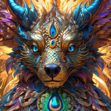 dragon bear, fire psychedelic, cute eyes, dragon wings, bear claws, peacock feathers, filigree laser fractal details, glistening shiny scales, intricate ornate hypermaximalist sharp focus, dramatic lighting, highly detailed and intricate, hyper maximalist, ornate, photographic style, luxury, elite, haunting matte painting, cinematic