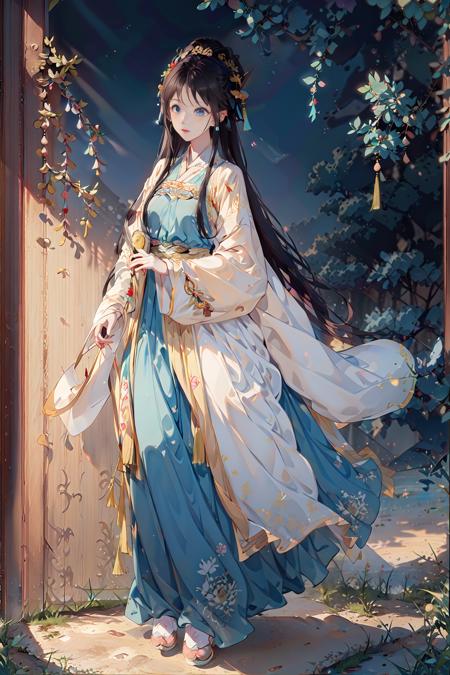 masterpiece, professional lighting, photon mapping, radiosity, physically-based rendering,1girl, full body,absurdres, highres, skyline, beautiful detailed sky, covered nipples,(white hanfu, (tang style:1.3)),<lora:hanfu_v30:0.55>,blue eyes,<lora:eyesgenLoraWIP_v1:0.4>,