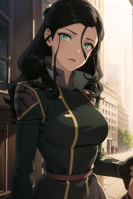 asami, long hair, (green eyes:1.5), (black hair:1.5), hair ornament, dress, sleeveless, makeup, chinese clothes, lipstick, gloves, long sleeves, jacket, pants, uniform, military, military uniform, makeup, lipstick,