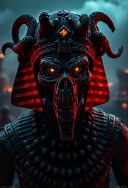 Medium Full Shot in a horror style, [an evil undead pharaoh] with [a crown of snakes and a mummified body teeming with scarabs. His eyes glow like fire in the dark and he can utter curses that turn people to stone], with a face contorted into a sinister grin, background [an undead city], cinematic, realistic editorial photo