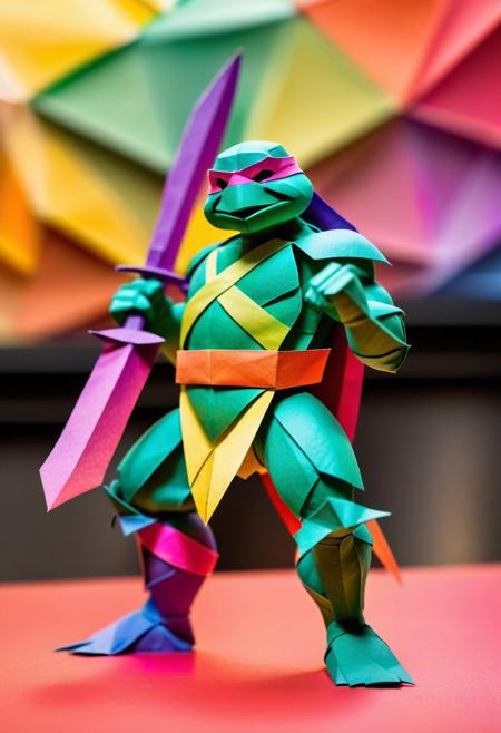 a picture of an origami of a ninja turtle fighting with shredder from the back made from a single sheet of multicolored gradient paper, the piece is displayed in a museum with many viewers in the background, bokeh
