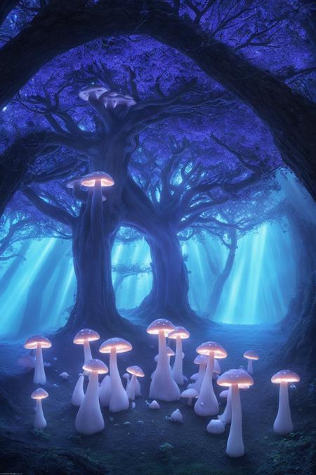 misty enchanted forest, glowing mushrooms scattered on the forest floor, ancient trees with twisting branches, soft blue and purple lighting, gentle fog rays through trees, fantasy magical vibe, high detail forest floor