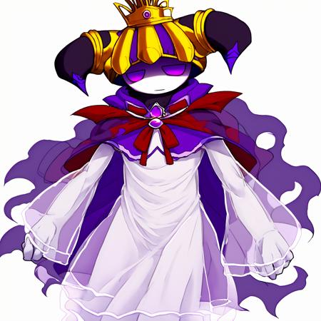 1boy, solo, no humans, purple eyes, white skin, colored skin, cape, horns, crown, hood