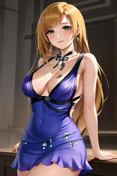 masterpiece, best quality, 1girl, (blonde hair), (red eyeliner), long hair, (green eyes), pink lips, large breasts, corneo_tifa_dress, purple dress, blush, smile