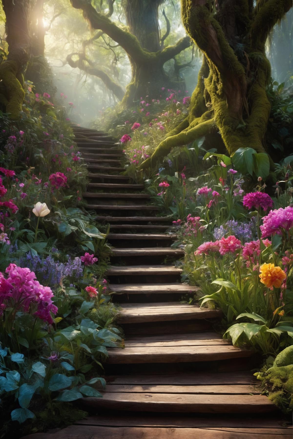 Flower-covered staircase leading to a lush green forest in a garden