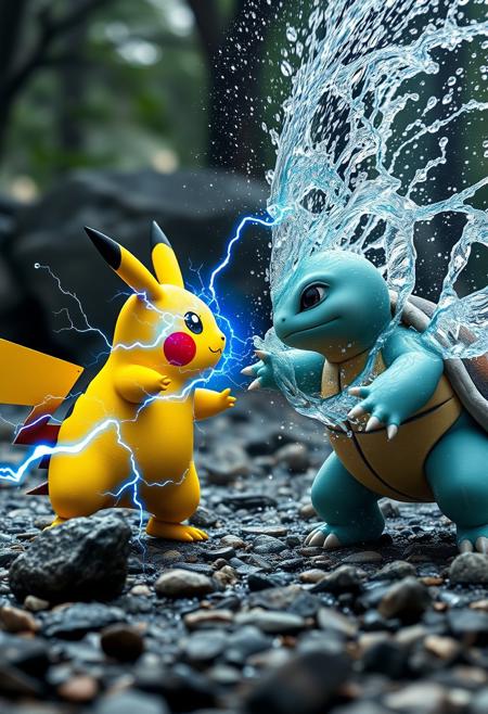 "Hyper-realistic depiction of an intense Pokémon battle between a Pikachu and a Squirtle. The two Pokémon face off in a dramatic, dynamic pose, with Pikachu unleashing a burst of electricity from its cheeks in a thunder attack. The electricity crackles and arcs through the air, illuminating the surrounding environment with a brilliant, blue-white light. Meanwhile, Squirtle retaliates with a powerful water blast attack, unleashing a high-pressure jet of water that strikes Pikachu with incredible force. The water blast creates a massive splash, sending droplets flying in all directions and creating a misty veil that rises into the air. The background is a blurred, chaotic mess of rocks and trees, with the two Pokémon standing out in sharp, hyper-realistic detail. Style: extremely detailed, hyper-realistic, and cinematic, with a focus on capturing the dynamic energy and motion of the battle."