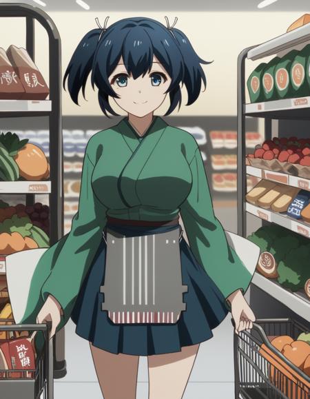 souryuu, short hair, black hair, blue eyes, ribbon, twintails, blue hair, hair ribbon, souryuu (kancolle), large breasts, skirt, japanese clothes, blue skirt, long sleeves,