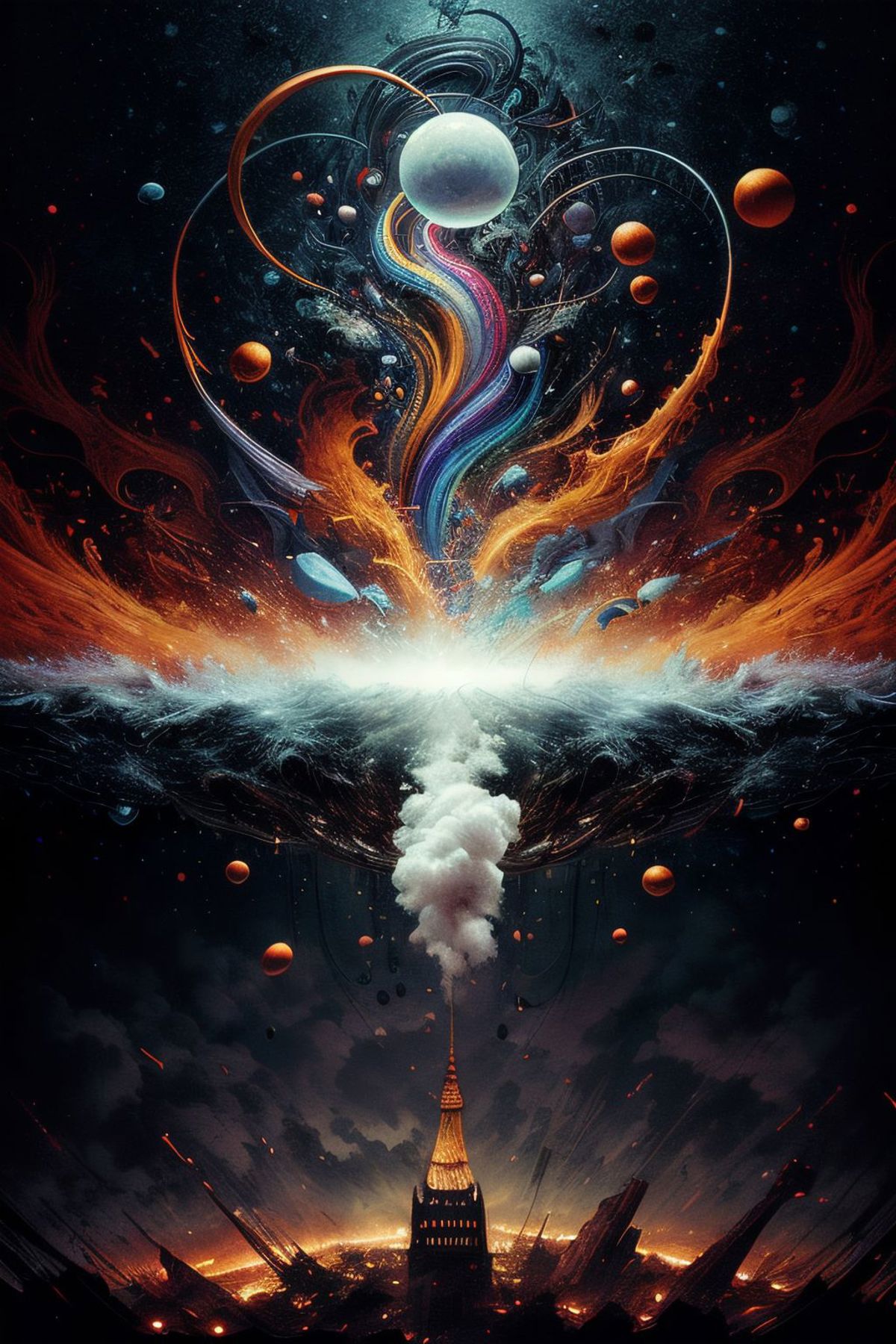 A Vibrant and Colorful Abstract Artwork with a Volcano