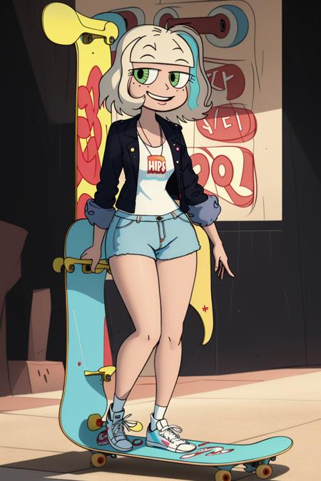 (masterpiece, best quality, high resolution:1.4), 1girl, jackie lynn thomas, blonde hair, short hair, blush, light smile, looking at viewer, short pants, white long tank top, black jacket, <lora:JackieLynnThomas_v2:1>, outdoors, night, holding (skateboard:1.3), white legwear,