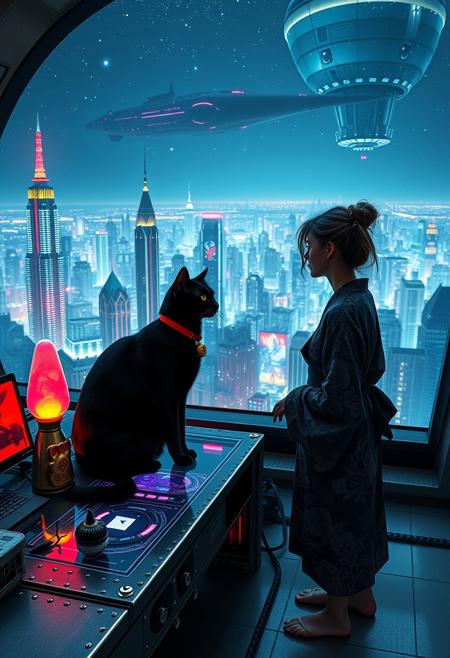 A sleek black cat with red collar and a gold bell sits on a cluttered metal riveted desk with transparent top and rgb led computer components visible inside, On the desk are a maneki neko statue and a lava lamp, the Black Cat is looking out of a seamless and futuristic floor to ceiling window that looks out at thousands of enormous wide and tall futuristic skyscrapers from a large window in a descending spaceship, a beautiful woman, 24 years old, is standing next to the cat looking out at the enormous city at night, filled with buildings of many shapes and sizes, some over a mile tall))), the woman is dressed in an ornate Japanese style bath robe. An enormous deco starship with futuristic lighting and design is visible high above the city, and a space station is visible in the background among the stars, The woman's hair is messy from just waking up and tied up with a ribbon. Artistic cyberpunk, dynamic perspective, The focus is on the black cat and woman standing together looking out the window at the view together, (((overall architectural aesthetic is Art Deco Cyberpunk))).  A large futuristic building shaped like a torii gate stands among the enormous tokyo structures,