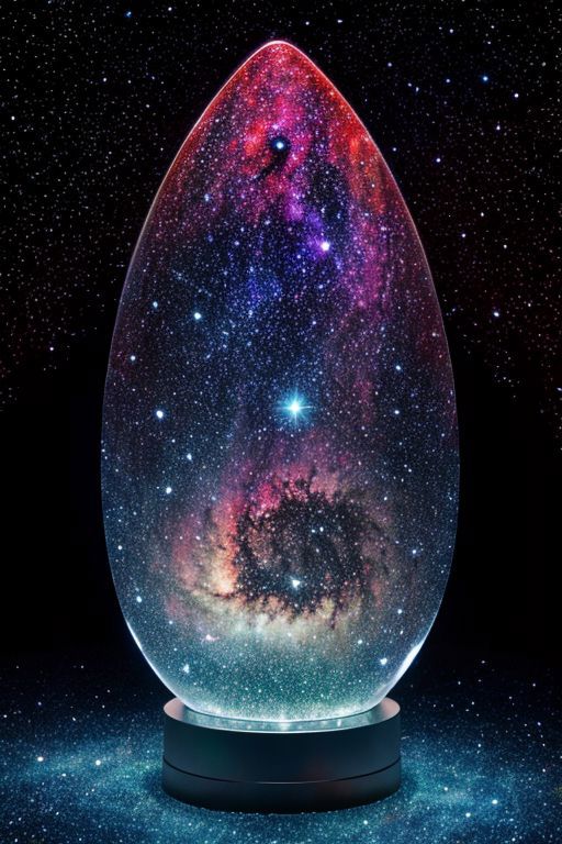 A large, colorful egg-shaped object with a starry background.