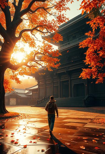 A breathtaking digital painting of a contemplative traveler making their way towards a majestic, ancient Asian temple. Surrounded by a symphony of falling autumn leaves, the atmosphere is serene and peaceful, evoking a sense of quiet journey and the tranquility of autumn. The warm, golden light filters through the leaves, casting a soft glow over the scene. The temple, with its intricate wood and stone carvings, stands out against the vibrant, saturated autumnal colors. The wet ground reflects the surroundings, while a large, ancient tree dominates the left foreground, adding depth and a sense of motion. This captivating image is inspired by the beauty of Asian architecture and landscape painting styles, creating a truly cinematic and immersive experience