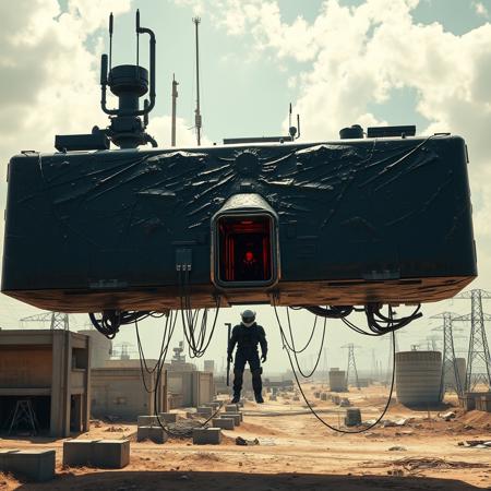 ultra high resolution, masterpiece, best quality, large rectangular glossy black spacecraft with an extremely rough textured surface, hovering low to the ground, underneath the spacecraft are cables, hoses, and wires, antennas on top, cables hanging from below, rectangular in shape, futuristic world, post apocalyptic landscape, ((low concrete buildings:1.3)) anti gravity, in the atmosphere, sky, clouds, ground visible, hovering, dry, ((dusty)), bleak landscape, parched, bright noon sunlight, square shapes, bleached colors, destroyed industrial buildings, powerlines and towers, concrete foundations, open entrance hatch on spaceship, soldier in dark armored spacesuit, helmet, standing in the well lit entrance, red interior lighting