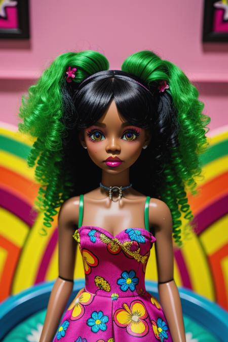 <lora:BratzV1:0.8>  black Bratz girl  with brown detailed eyes and big lips and neon green hair  , wearing versace colorful flowers blue dress , full body  , black afro plastic dark skin , doll joints ,  castle rococo hall background  ,(masterpiece, top quality, best quality, beautiful and aesthetic:1.2),