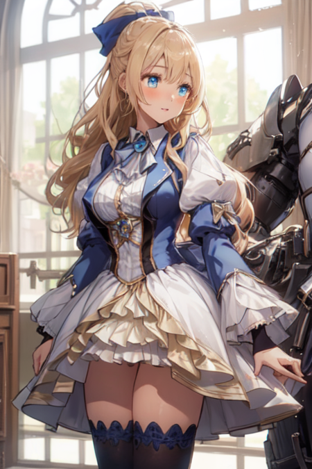 MaricaBellerose, 1girl, solo, long hair, blue eyes, skirt, blonde hair, large breasts, blue thighhighs, long sleeves, dress, bow, ponytail, hair bow, frills, puffy sleeves, brooch, 