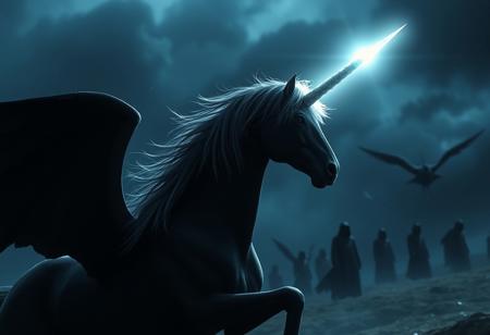 cinematic, a black unicorn with shining white light emanating from its horn, the light shines on the enemy, dark flying robes figures in the night sky,