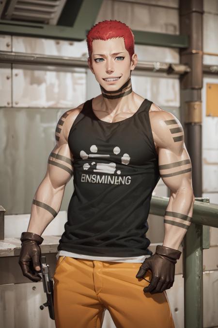 (masterpiece, best quality:1.2), <lora:fireforce_vulcanjoseph-10:1>, cowboy shot, solo, male focus, 1boy, vulcan joseph, muscular male, smile, looking at viewer, black tank top, orange pants, (gloves:1.1)