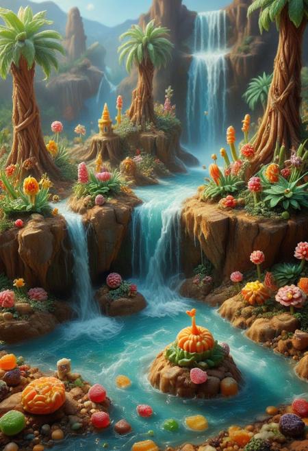 candy ,tilt-shift photo of best quality double exposure complex surreal painting on cracked paper, macro, microworld,  hyperdetailed,   insanely detailed, surreal, tiny genie spirit creature, flying oasis landscape placed inside a cup on the table in room. waterfall, lotus flowers,temple palms desert filigree, table cinematic, big eyes 32k, by Rockwell, WLOP Ryniac, Craola, Disney, van Gogh, highly detailed, intricated, intricated pose, high quality, centered, perfect composition.,
<lora:Midjourney_-_SemiReal_Dreams_FLUX_LoRA:1>,<lora:hyper-detail-illustration:1>, Selective focus, miniature effect, blurred background, highly detailed, vibrant, perspective control