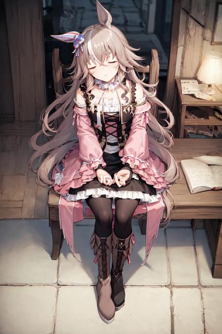 masterpiece, best quality,
wonder acute \(umamusume\),
full body, sitting, from above,
(on rocking chair:1.2), (a rocking chair:1.2), sleeping, closed eyes, 
choker, black gloves, fingerless gloves, detached sleeves, puffy long sleeves, frilled sleeves, pink dress, frills, pink jacket, striped skirt, black pantyhose, brown footwear, knee boots, high heel boots, 
<lora:wonder_acute_loha:0.8>