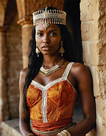 analogue portrait photo of a beautiful 25 years old african woman, clear focus, high resolution image, , Wearing traditional African clothes,photo Fantasy art combining the styles of Boris Vellejo and Luis Royo,Photorealistic, real photo, god rays, 1girl, 21yo,realistic, ,Sexy pose, erotic pose, exhibitionism ,Ancient monastery