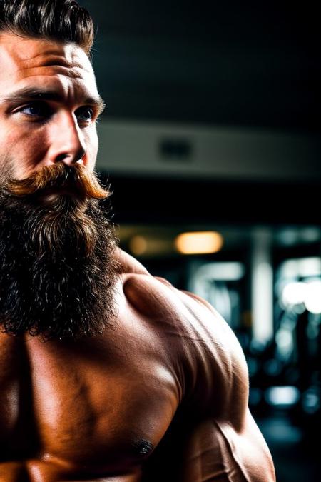 cinematic photo happy man (big muscles:1.2), beard, moustache,  winning, out of focus gym background . 35mm photograph, film, bokeh, professional, 4k, highly detailed