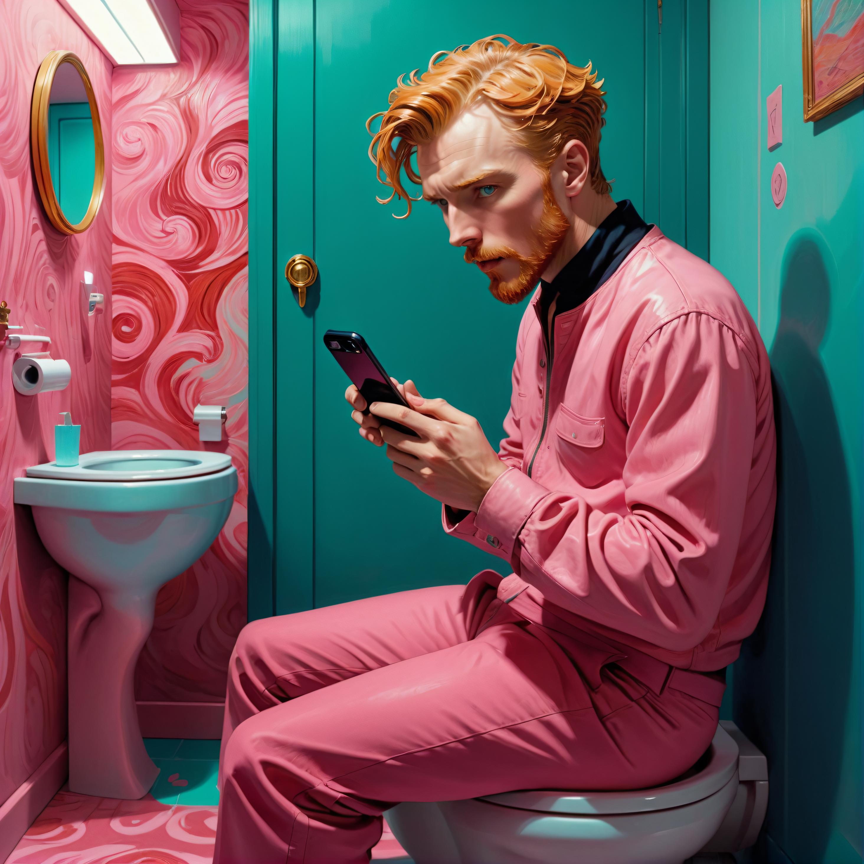 A man in pink pants is sitting on a toilet and using his cell phone.