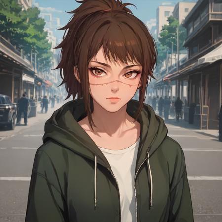 csmt3ndo brown eyes, brown hair, ponytail, scar on face suit