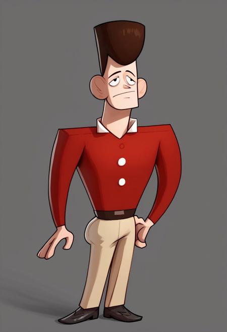 1boy, JFK, \(Clone High\)/,(ultra HD quality details), Black eyes, full brown hair, pale skin, muscular physique, slanted eyes, arc-shaped eyes, tall, polo shirt, red shirt with white stripe, long sleeve, tight pants, khaki pants, brown loafers, shoes, white socks.