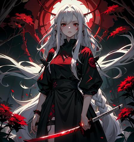 <lora:redpunk:0.5>, (redpunk artstyle), 1girl standing looking at viewer, (holding katana), wearing black dress, (in jungle), (blood trees around:1.3), at, (long white hair:1.5), red roses around, (attractive girl : 1.1),