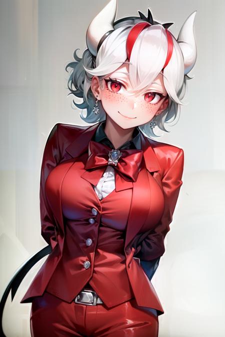 <lora:beelzebub:1>beelzebub(helltaker), jewelry, hand up, bow, demon tail, red bowtie, gloves, smile, freckles, pants, earrings, business suit, formal, red gloves, red jacket, looking at viewer, demon horns, red eyes, white horns, vest, demon girl, 1girl, jacket, suit, horns, white hair, waistcoat, shirt, red bow, bowtie, red pants, tail, solo, short hair, arm behind back, closed mouth