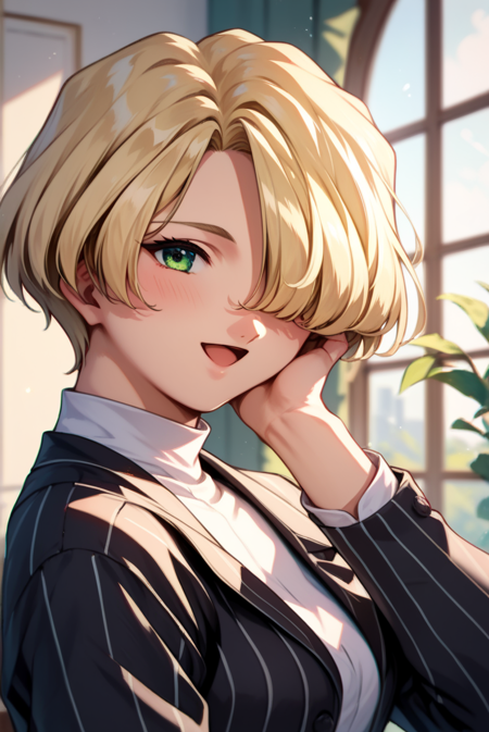 mariabase, blonde hair, hair over eye, green eyes, short hair, white turtle neck, black pinstripe suit, black button, white footwear,  mariasuit, blonde hair, hair over eye, green eye, short hair, collar, buttons, coattails, collared jacket, double vertical stripe, mandarin collar, white pants, long sleeves, white gloves, tight pants, boots,