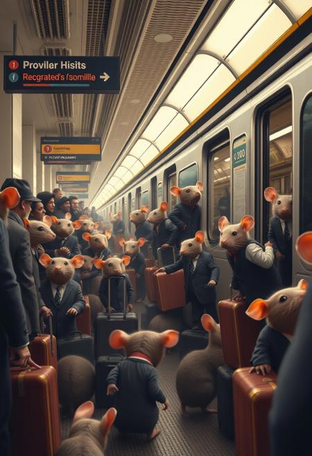 a city subway station, a crowd of rats with suit on and suitcases, hopping on to the train and out