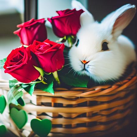 close up candid photoshoot indoor a white bunny sitting on top of a wicker basket with roses and hearts  AnalogFilm768-Old-School