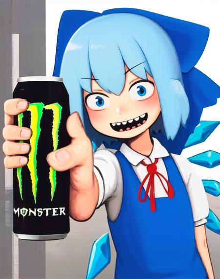 1girl, cirno,  holding monster energy,  monster energy, energy drink, holding, holding can,  <lora:my_LoRA_monsterEenergy_v2:0.6>   lozhkin, big smile, accurate teeth with gaps <lora:lozhkin_V1:0.6>